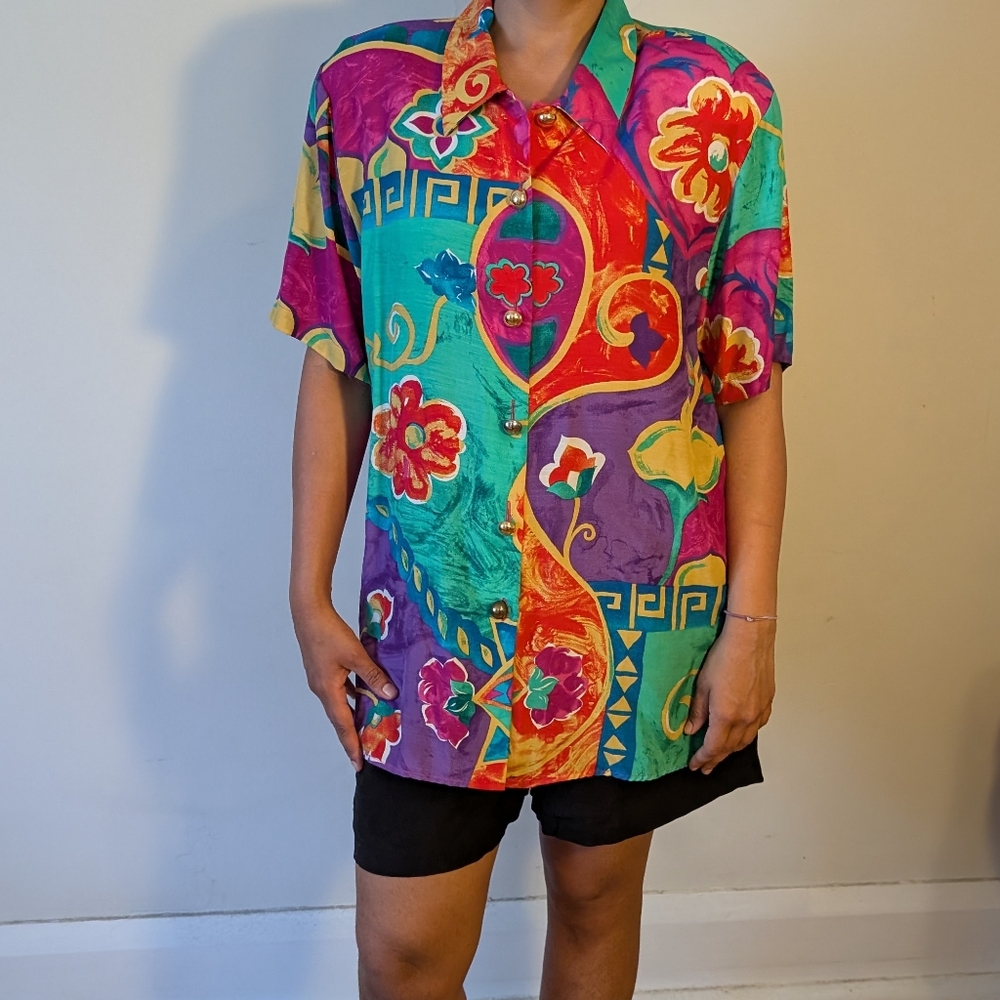 ✨ Michaels XL Retro VIBE Shirt Big Gold Buttons! Colourful Statement Piece